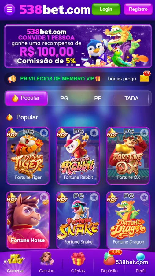 Usuário acessando serviços VIP na 538bet.com